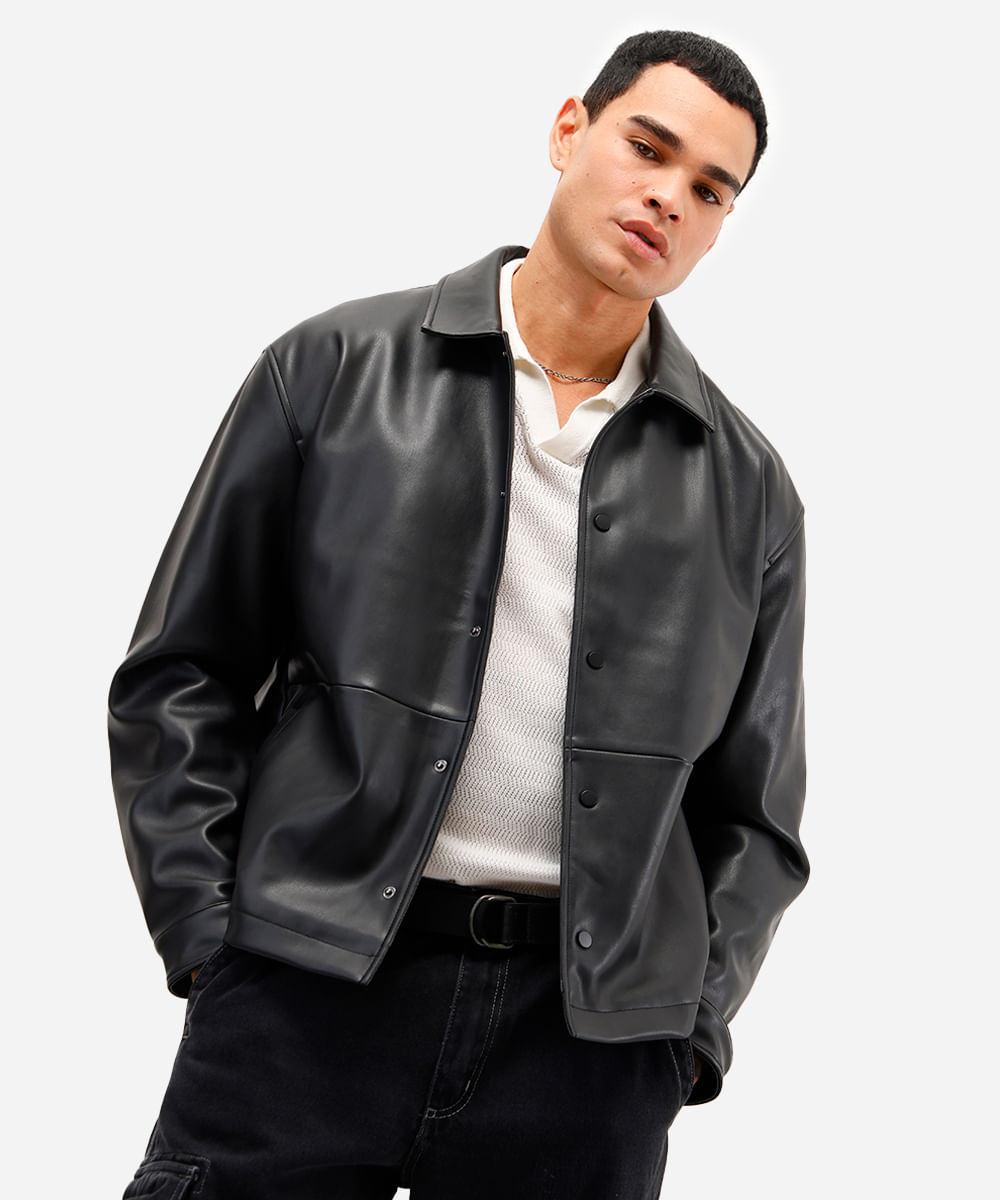 jaqueta masculina de poliuretano preta