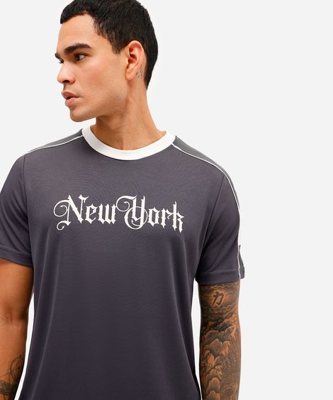 camiseta masculina esportiva com recortes new york cinza