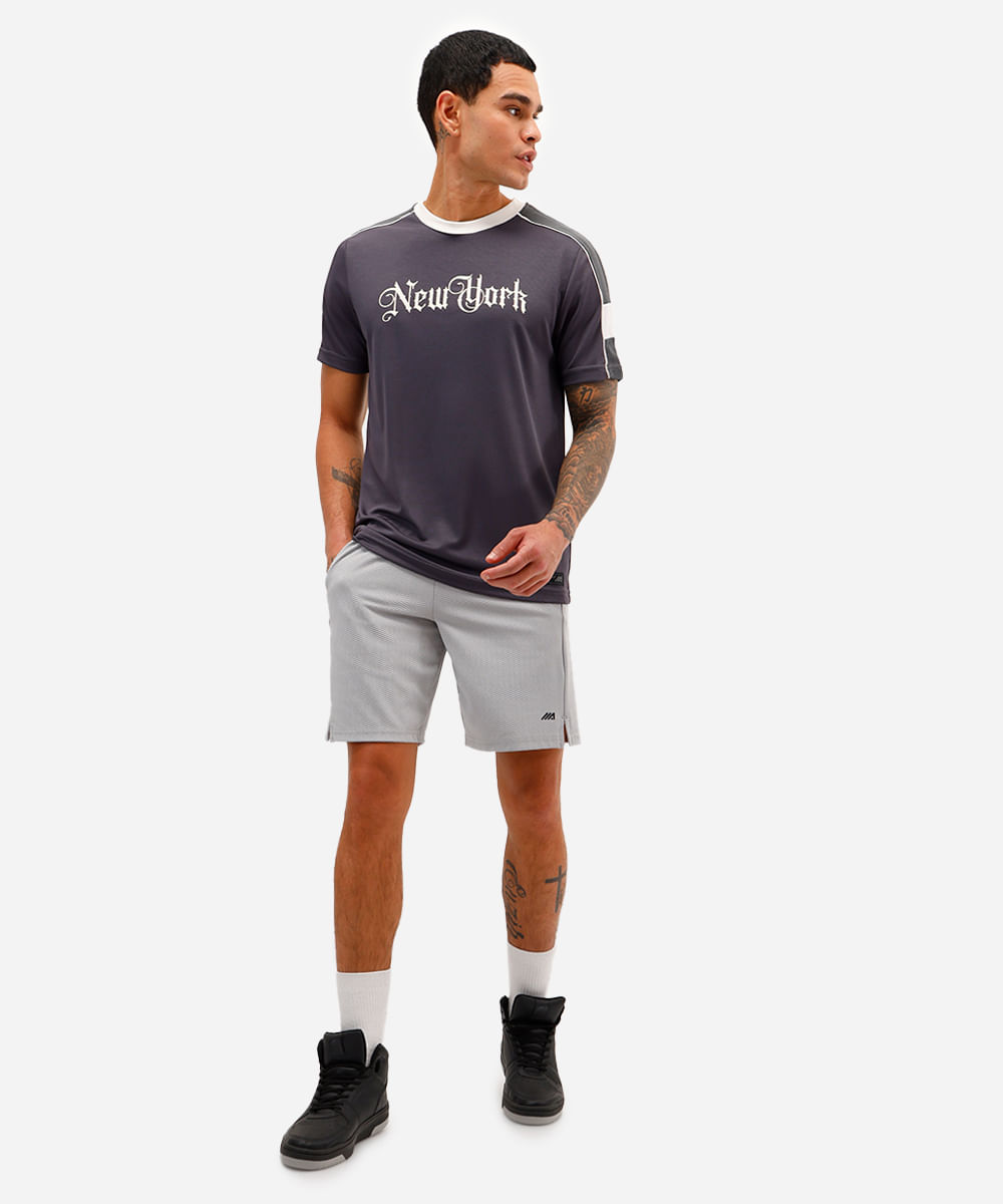 camiseta masculina esportiva com recortes new york cinza