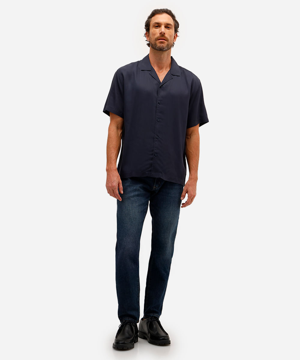 camisa masculina de liocel manga curta azul