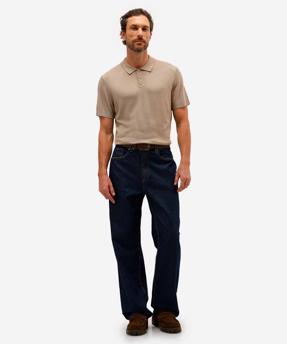 polo comfort masculina de tricot manga curta bege