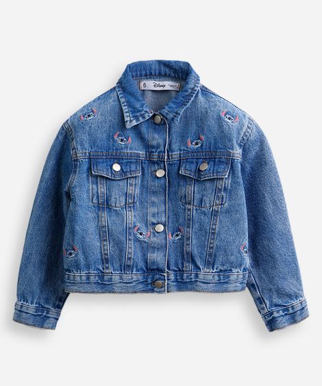 jaqueta jeans infantil manga longa stitch azul