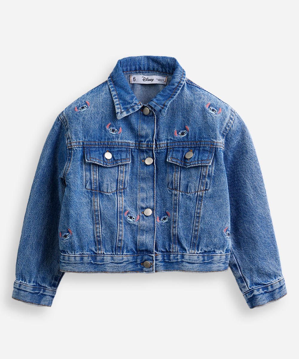 jaqueta jeans infantil manga longa stitch azul