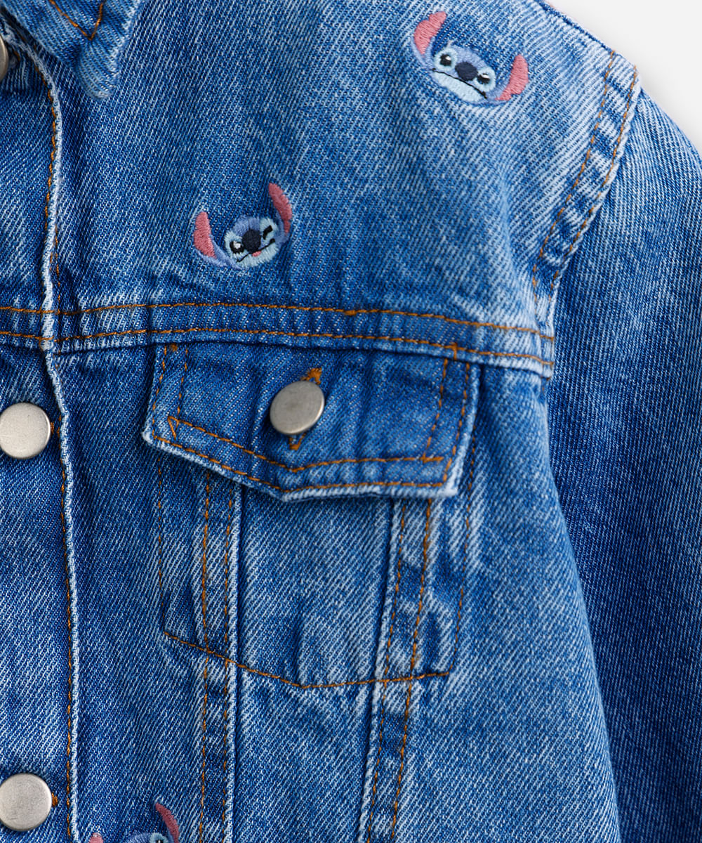 jaqueta jeans infantil manga longa stitch azul