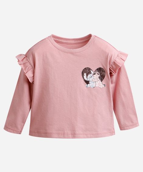 blusa infantil de algodão manga longa stitch rosa
