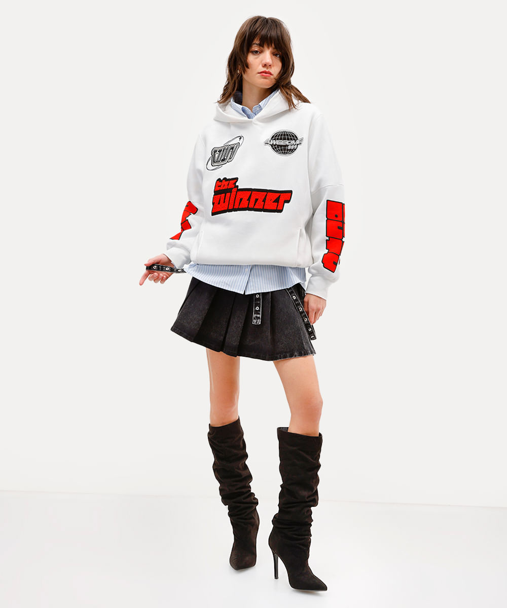 blusão unissex de moletom com bordado e capuz daniel ueda off white