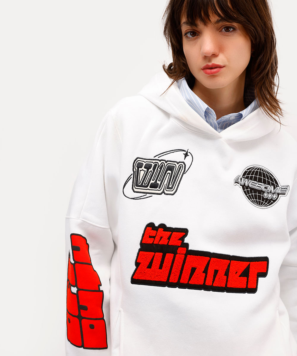 blusão unissex de moletom com bordado e capuz daniel ueda off white