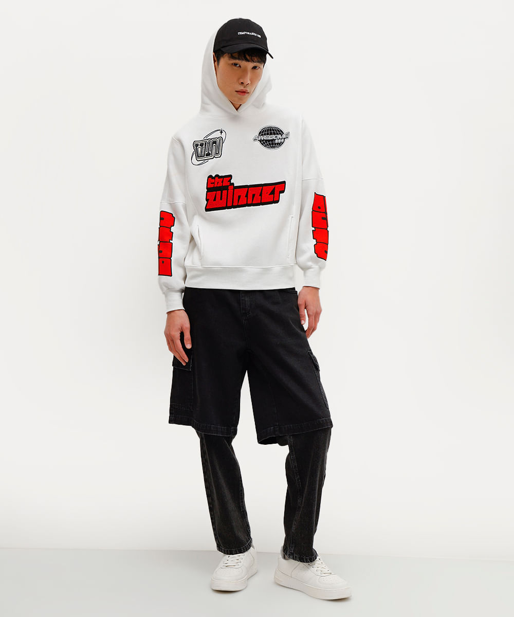 blusão unissex de moletom com bordado e capuz daniel ueda off white