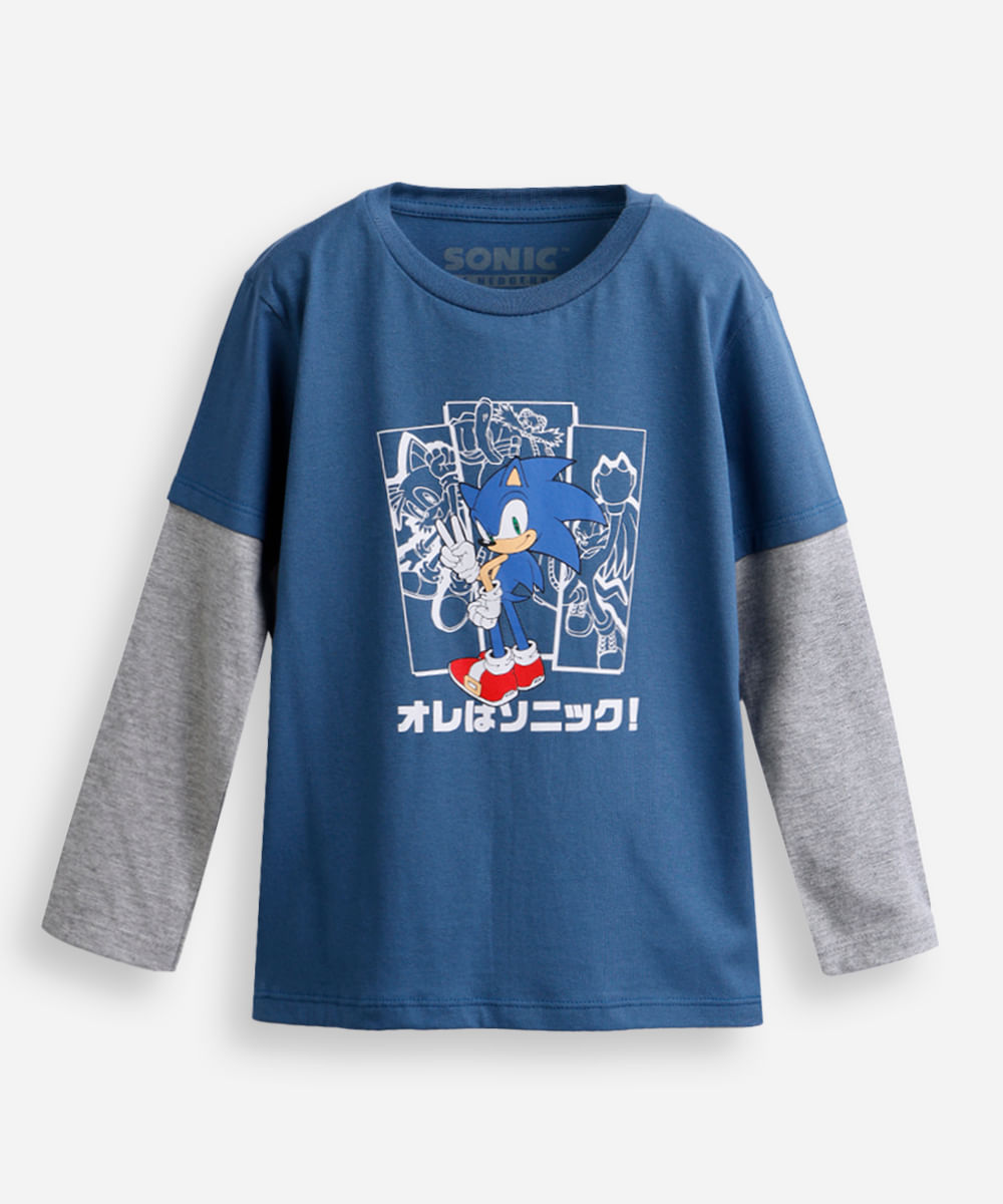 camiseta infantil de algodão manga sobreposta sonic azul