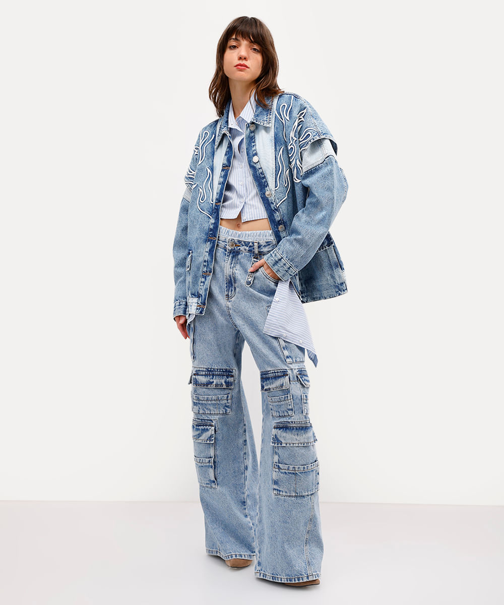 calça cargo oversized unissex jeans daniel ueda azul