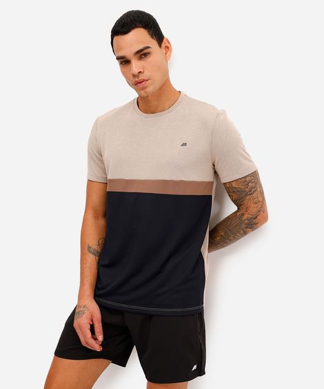 camiseta masculina esportiva manga curta com recorte bege