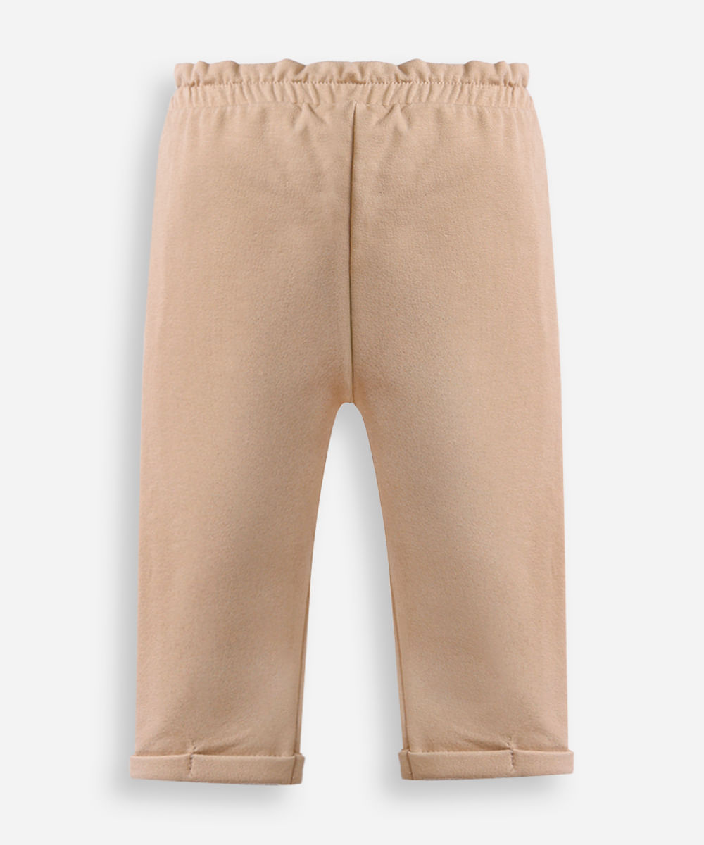 calça clochard infantil de moletom felpado floral bege