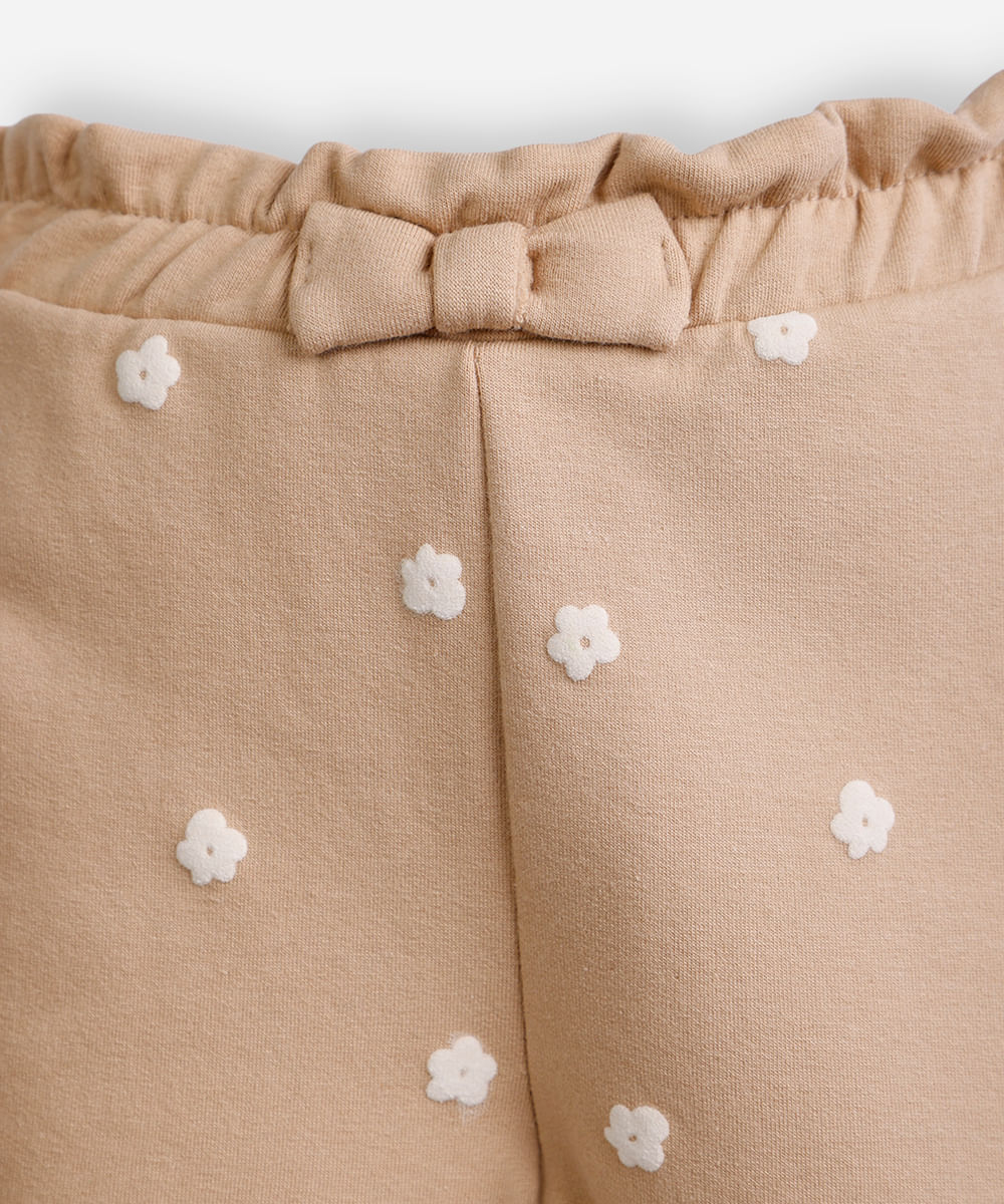 calça clochard infantil de moletom felpado floral bege