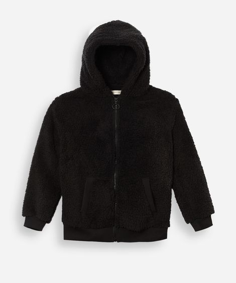 jaqueta juvenil de sherpa com capuz preta
