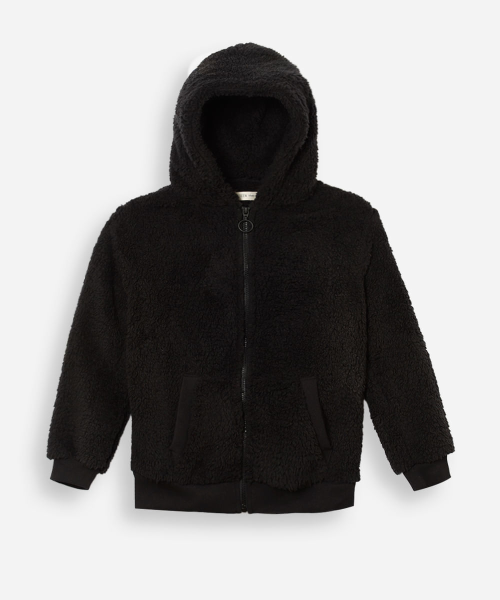 jaqueta juvenil de sherpa com capuz preta