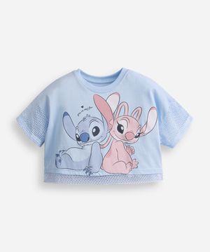 camiseta infantil de algodão manga curta stitch e angel azul