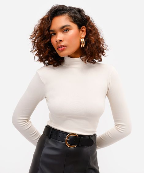 blusa feminina de algodão gola alta manga longa bege