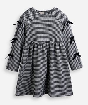 vestido infantil midi manga longa com laços xadrez preto