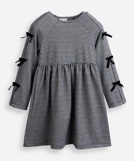 vestido infantil midi manga longa com laços xadrez preto