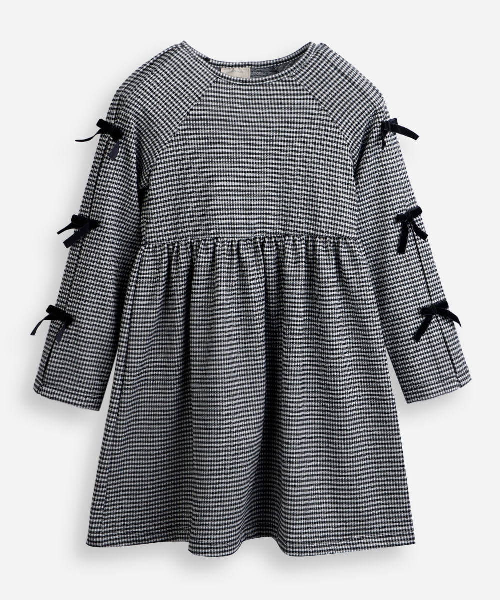 vestido infantil midi manga longa com laços xadrez preto