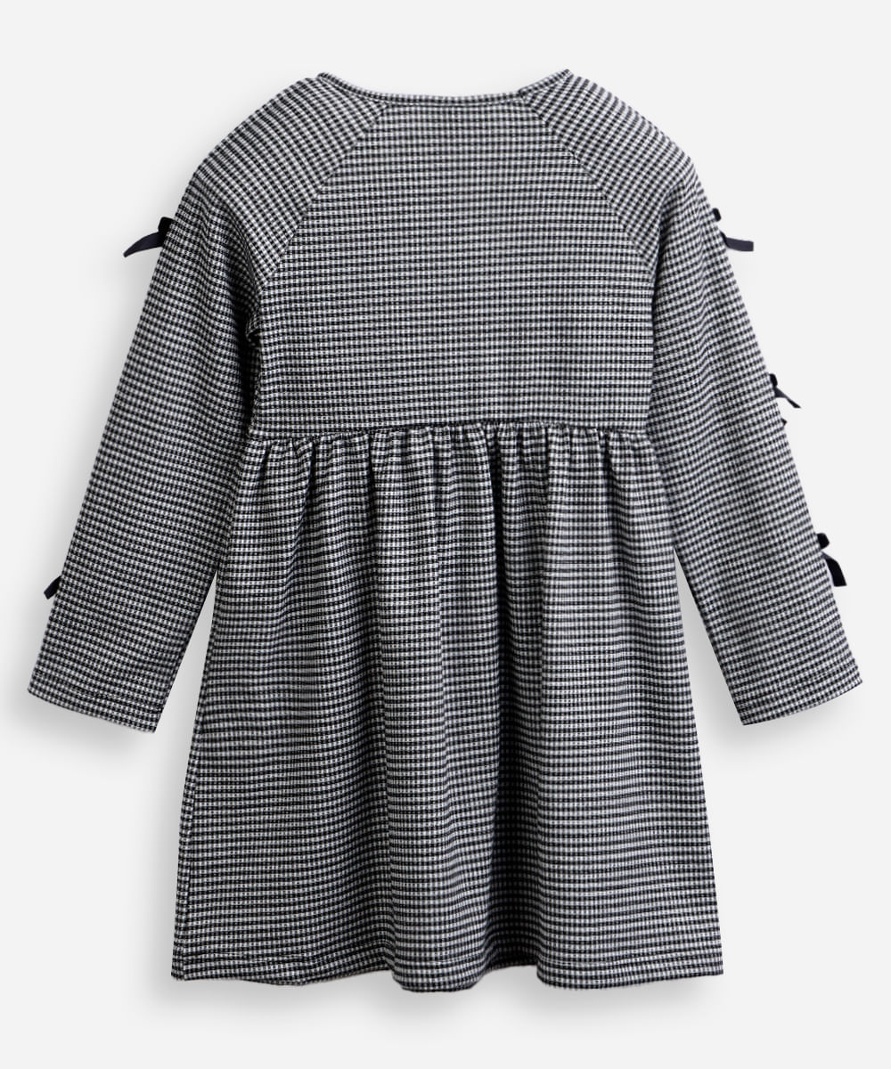 vestido infantil midi manga longa com laços xadrez preto