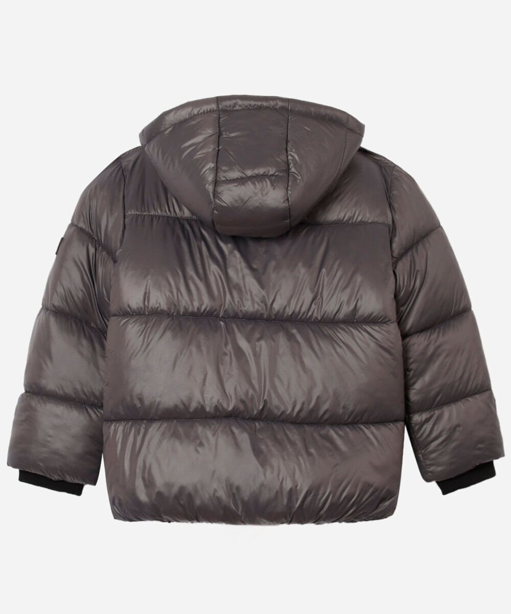 jaqueta puffer infantil com capuz cinza