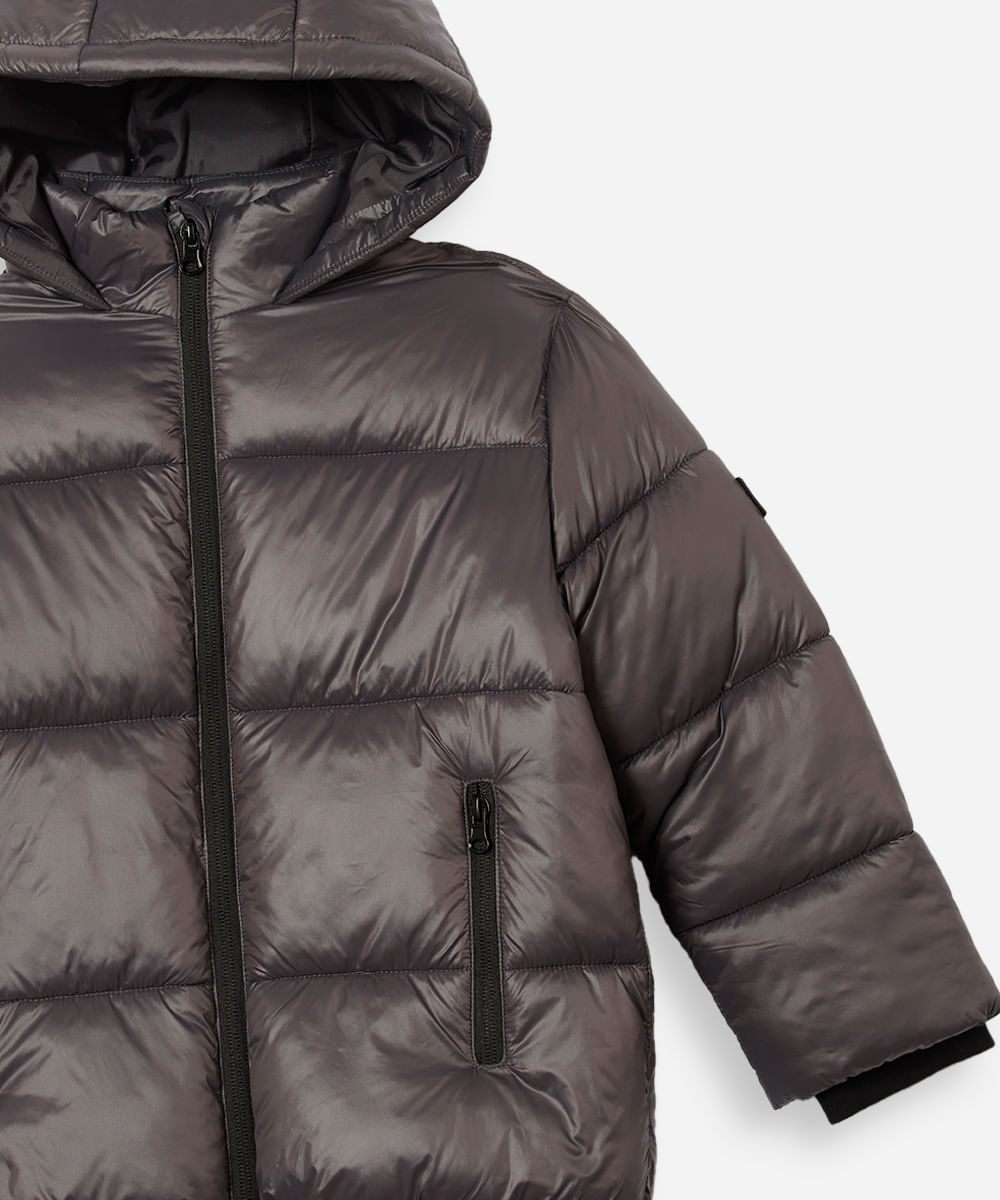 jaqueta puffer infantil com capuz cinza