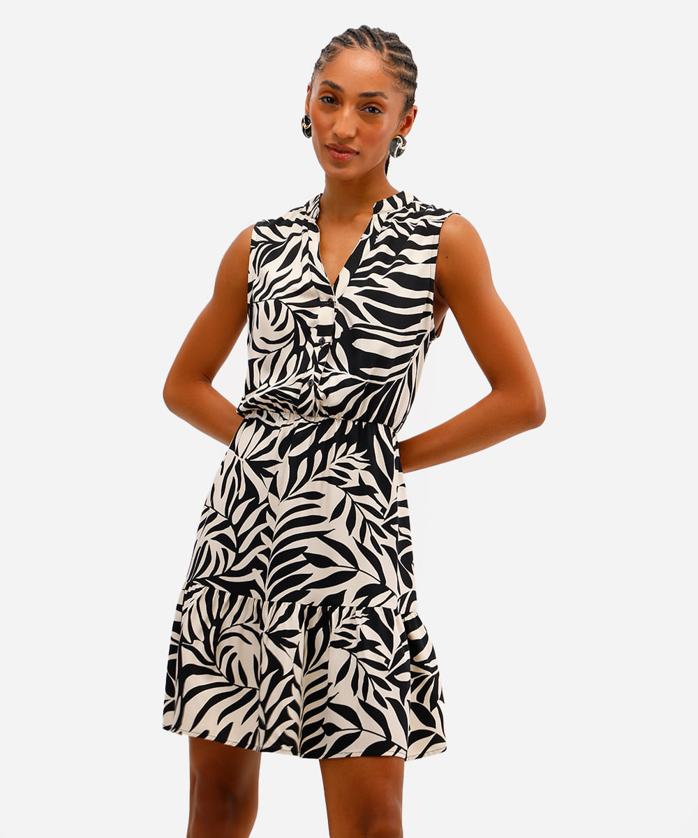 vestido curto feminino de viscose folhagens preto