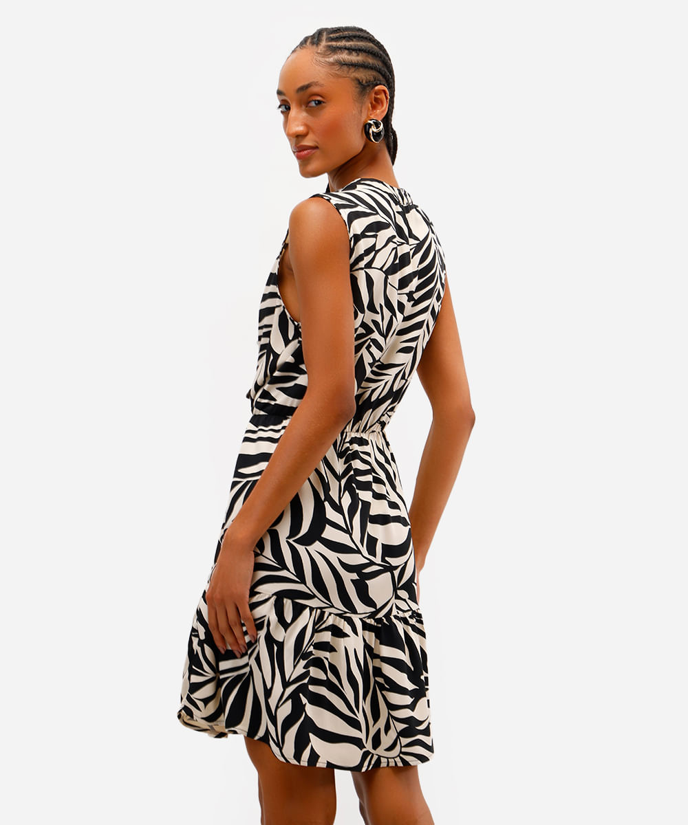 vestido curto feminino de viscose folhagens preto