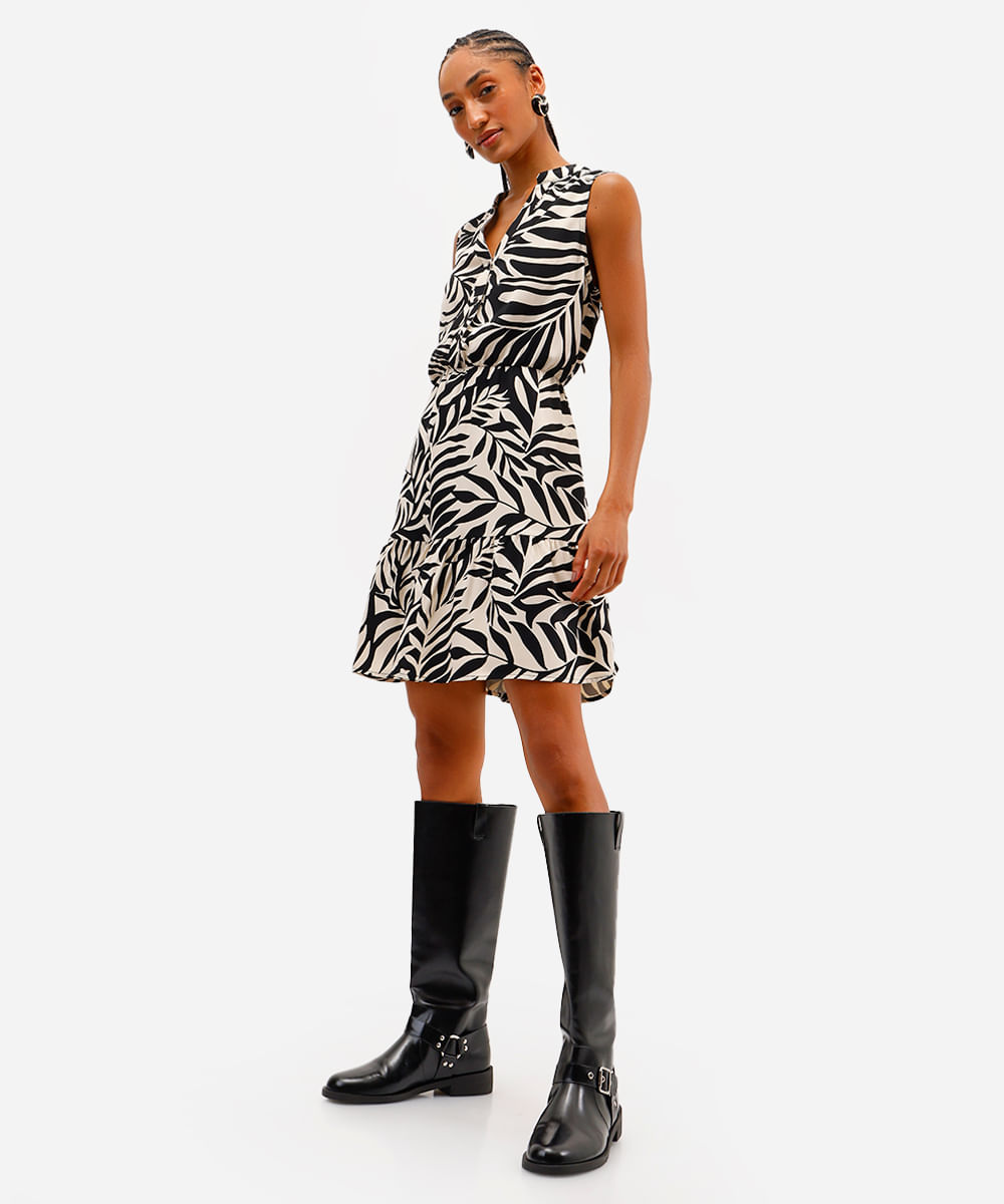 vestido curto feminino de viscose folhagens preto