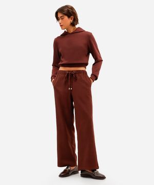 calça reta básica feminina cós elástico marrom