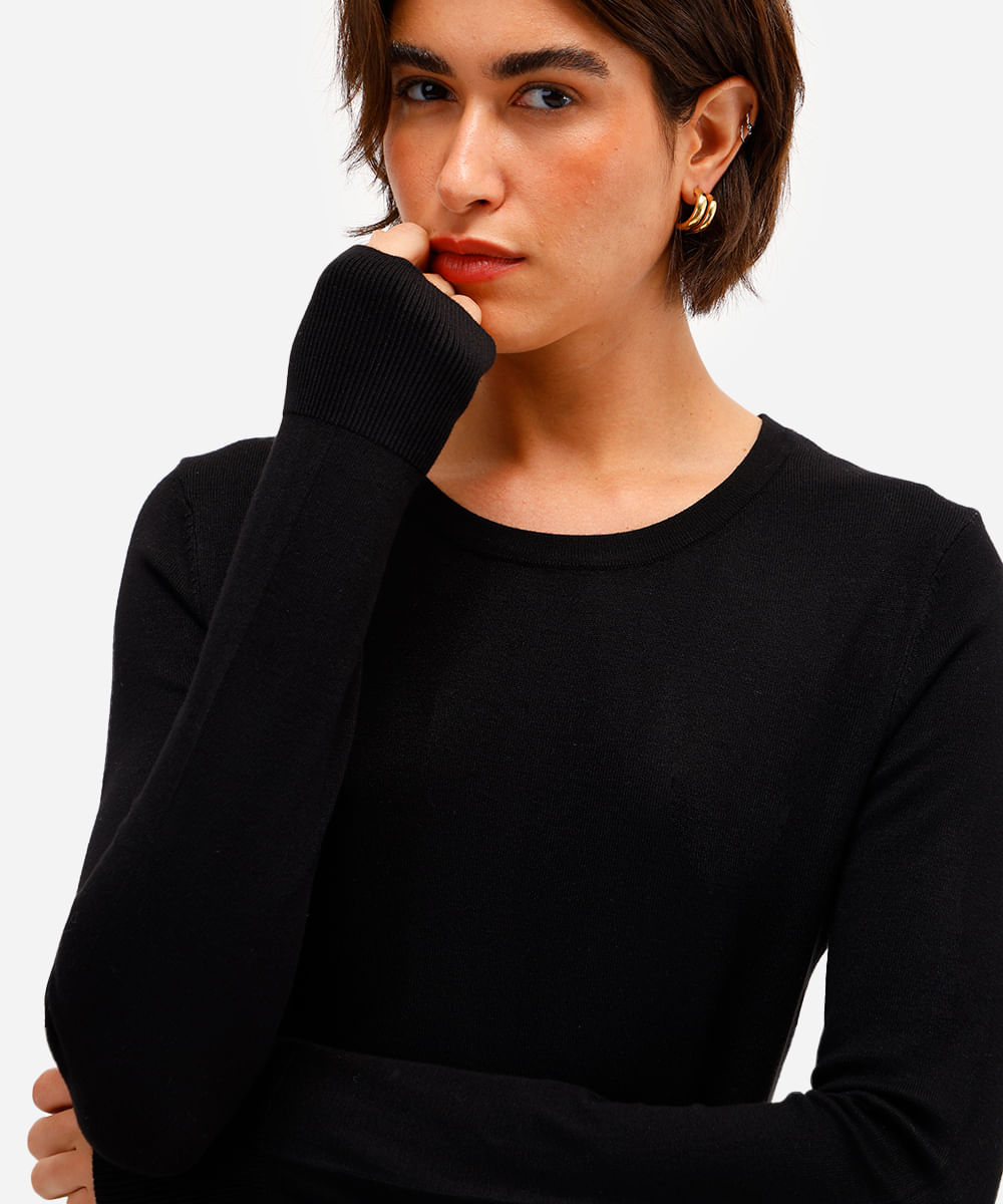 blusa básica feminina de tricot manga longa preta