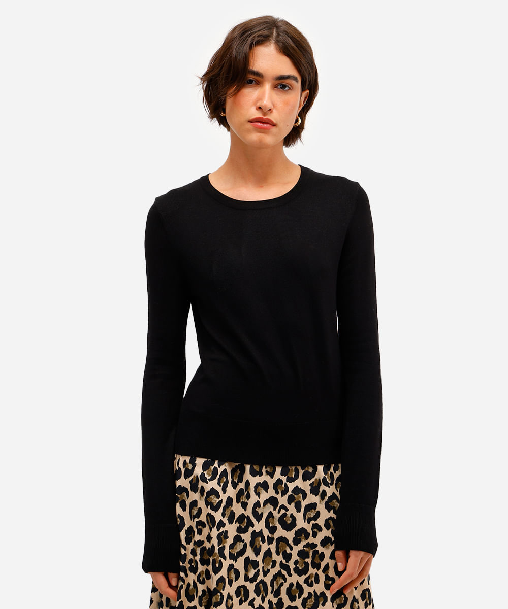 blusa básica feminina de tricot manga longa preta