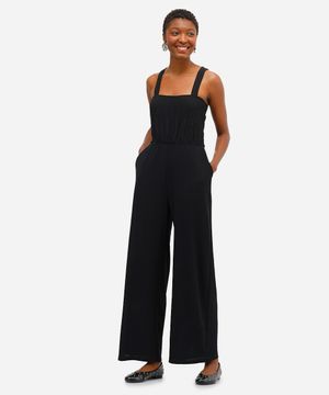 macacão feminino com lastex texturizado preto