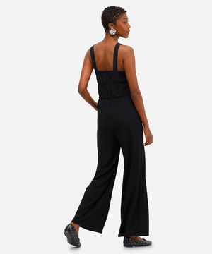 macacão feminino com lastex texturizado preto