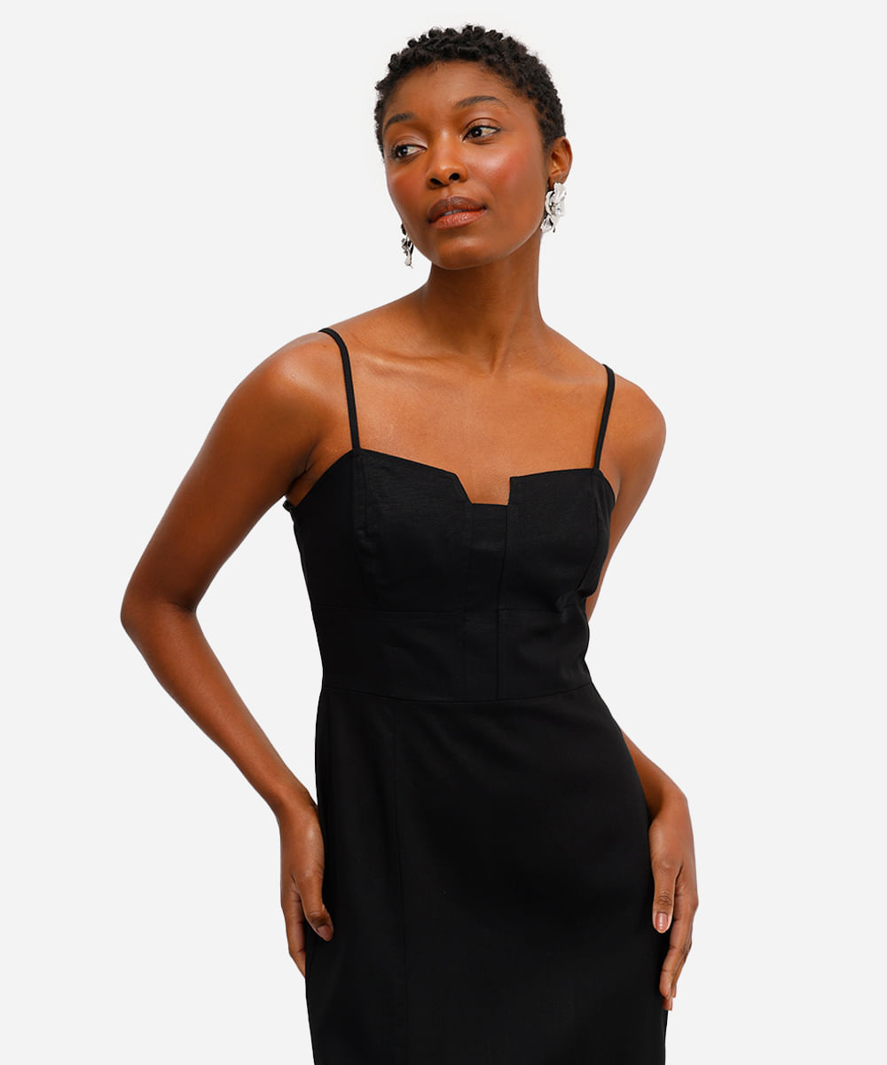 vestido midi feminino com linho e fenda preto