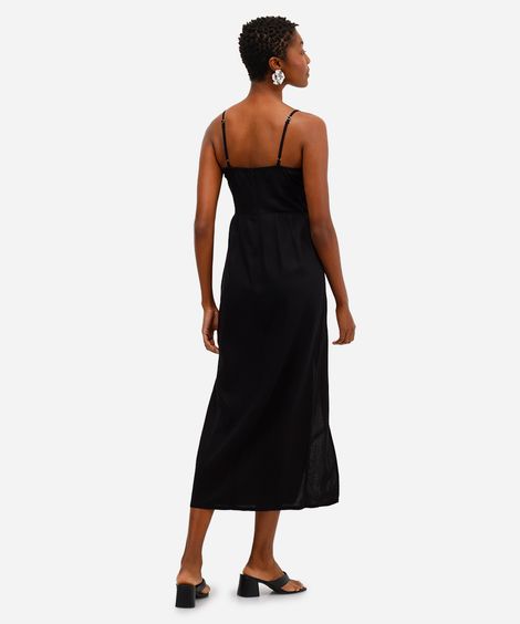 vestido midi feminino com linho e fenda preto
