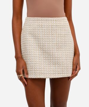 saia curta feminina de tweed com lurex off white