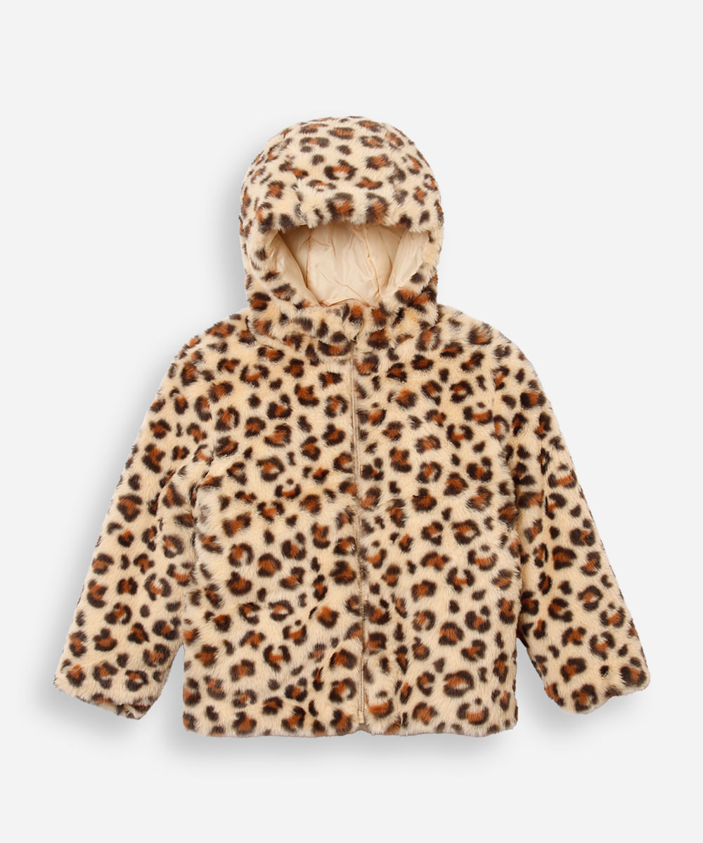 jaqueta infantil de pelúcia com capuz animal print colorido