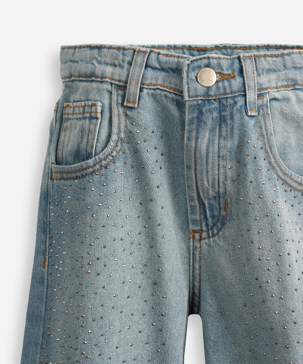 calça wide leg infantil jeans com brilhos azul