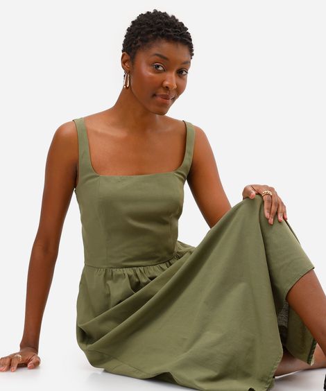 vestido midi feminino de algodão decote quadrado verde