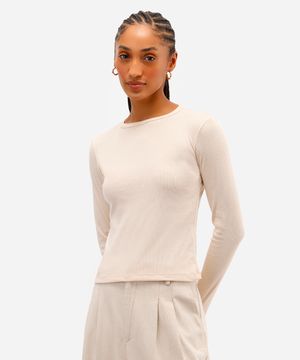 blusa básica feminina decote careca manga longa bege