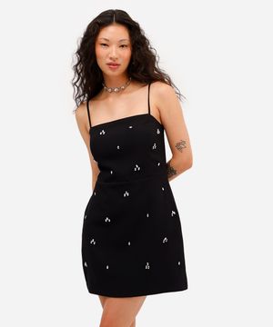 vestido curto alça fina com brilhos preto