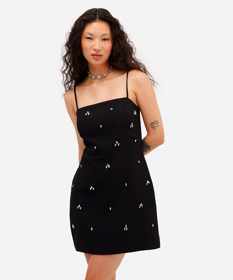 vestido curto alça fina com brilhos preto
