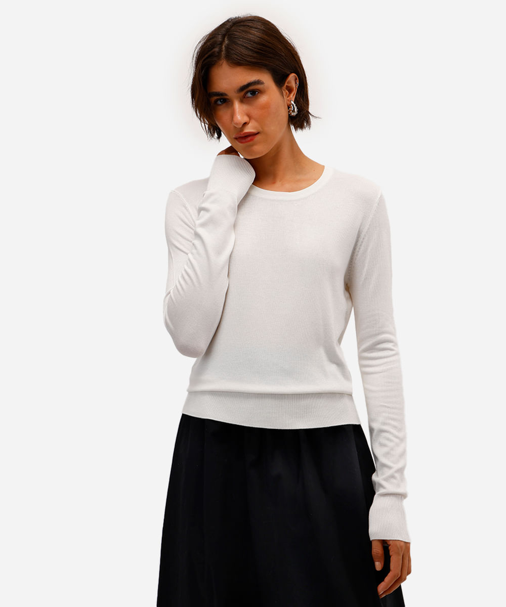 blusa básica feminina de tricot manga longa off white