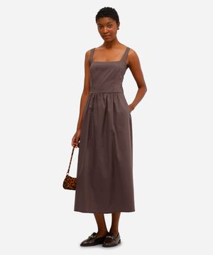 vestido midi feminino de algodão decote quadrado marrom