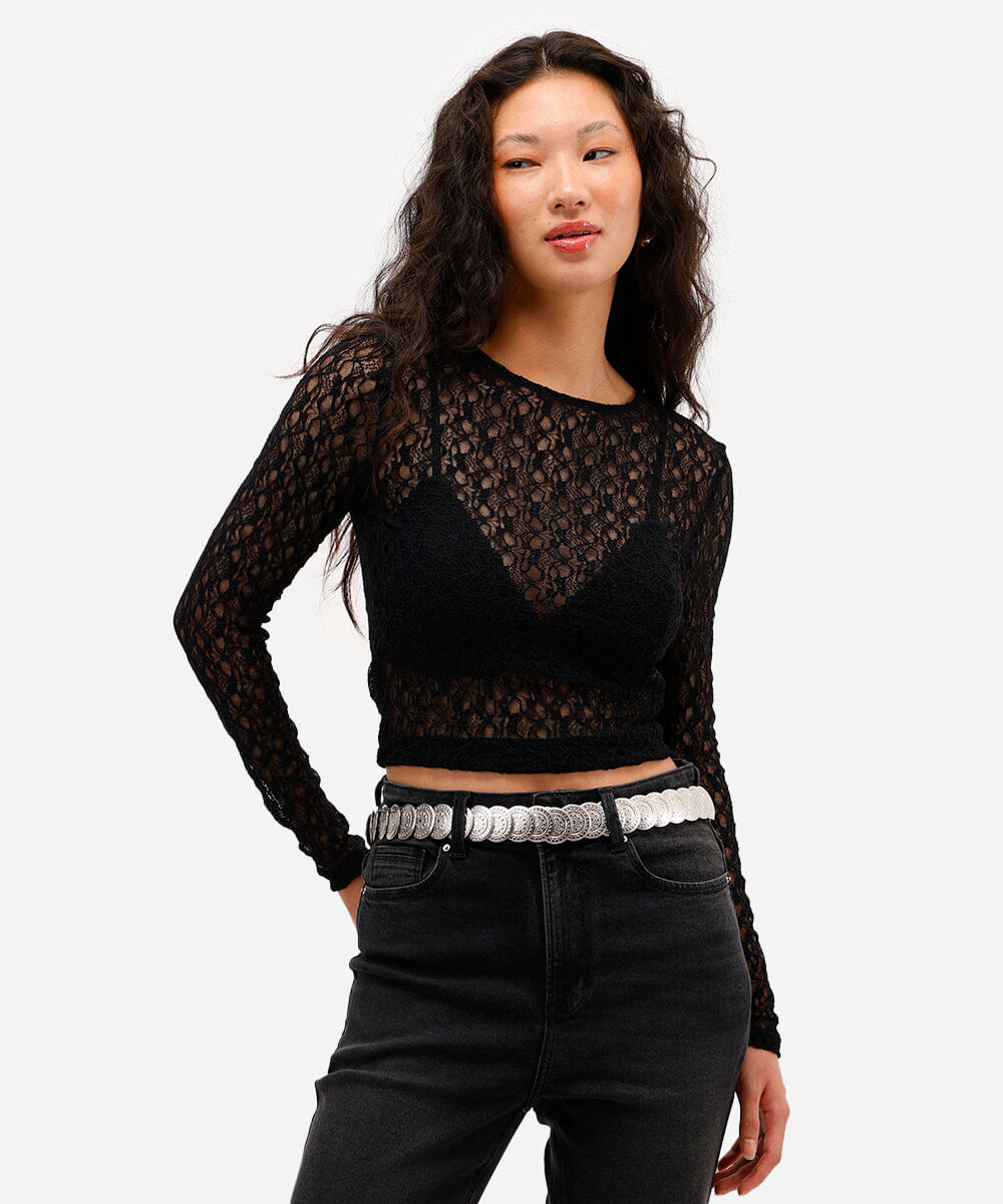 blusa manga longa de renda preta