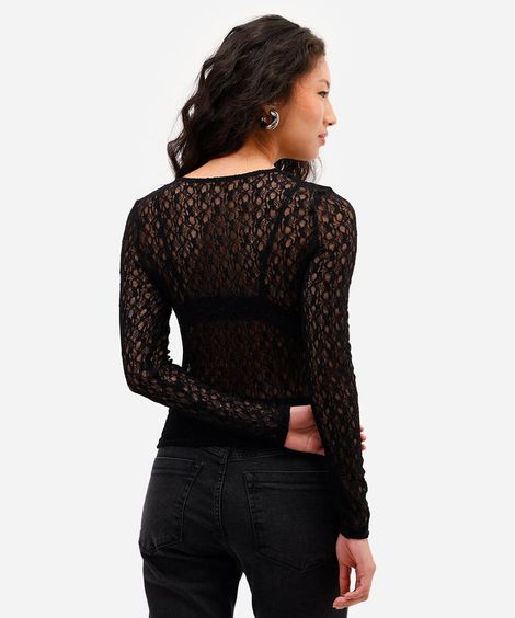 blusa manga longa de renda preta
