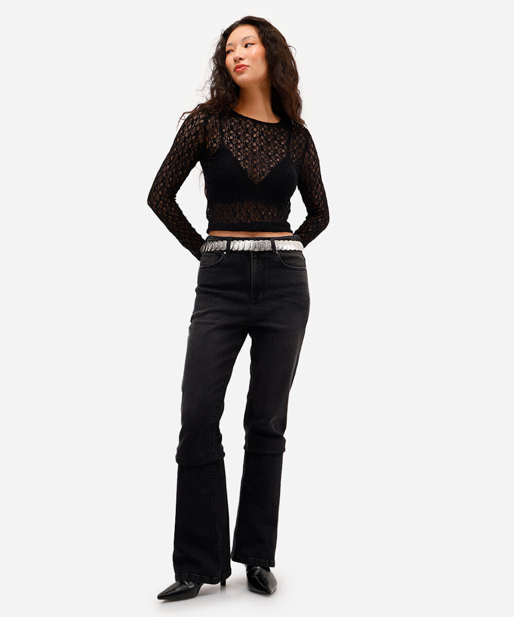 blusa manga longa de renda preta