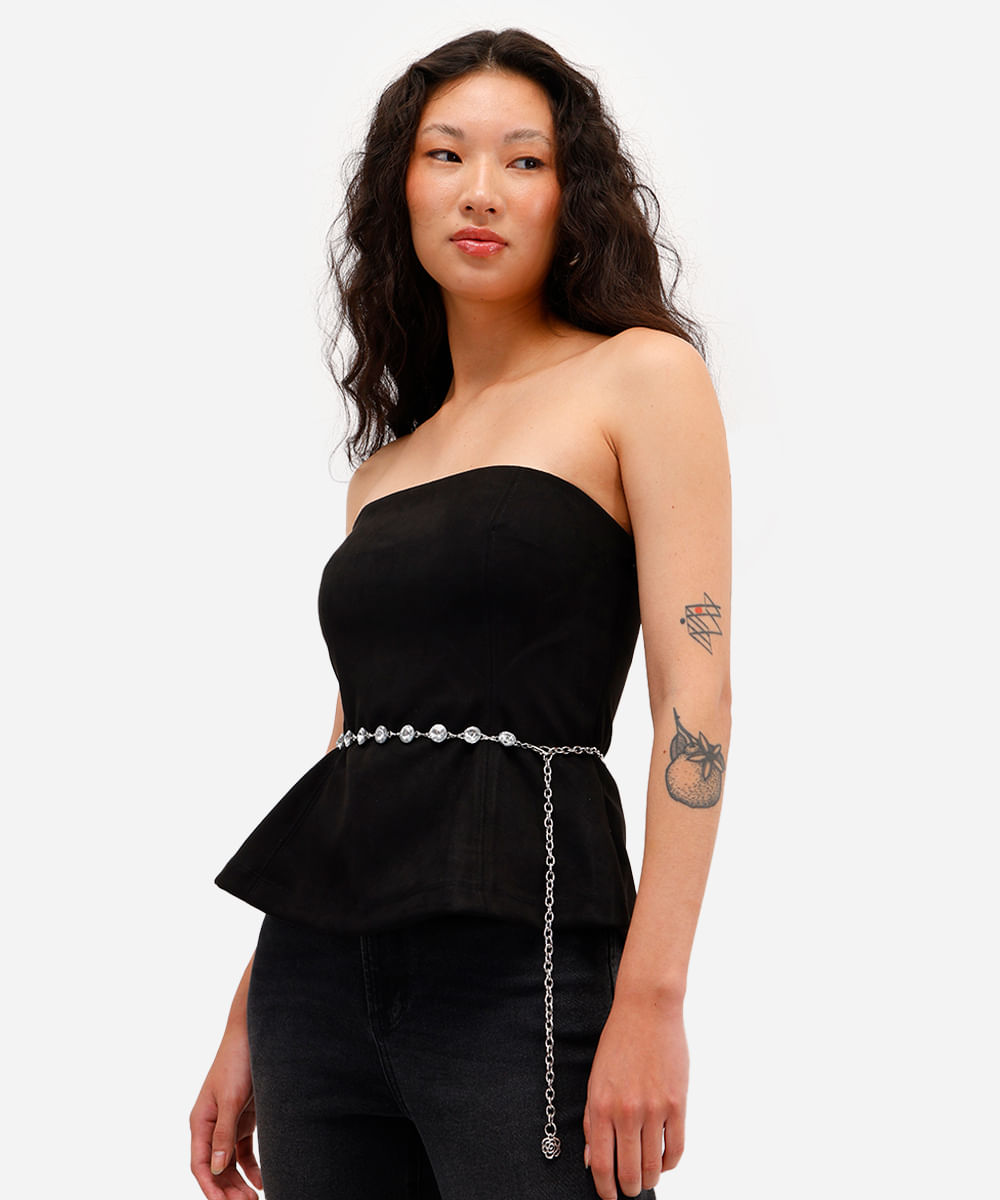 blusa peplum feminina sem alça de suede preta